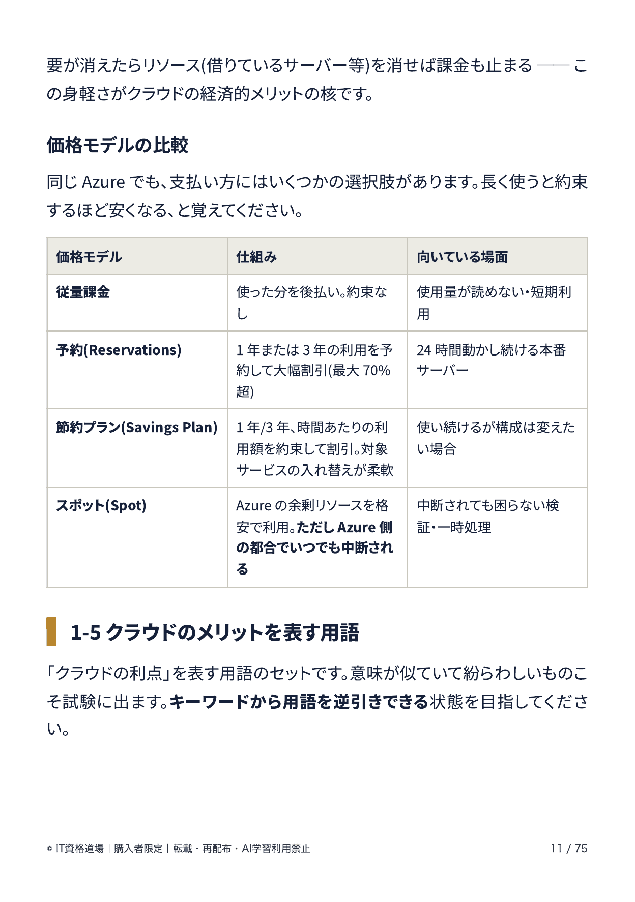 付属する学習用テキスト（PDF）の紙面。上に「価格モデル」の表があり、節約プラン（Savings Plan）とスポット（Spot）について、仕組みと向いている場面が列で比べられている。その下に「1-5 クラウドのメリットを表す用語」の節が続き、高可用性（High Availability）とスケーラビリティ（拡張性）が、垂直スケーリング・水平スケーリングの箇条書きとともに説明されている。